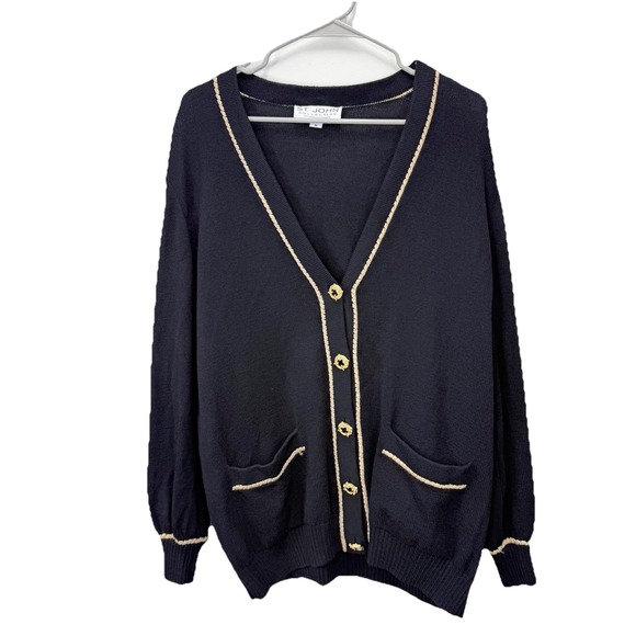 St John Collection Black Gold V Neck Button Santana Knit Cardigan Sweater MEDIUM - Picture 2 of 9